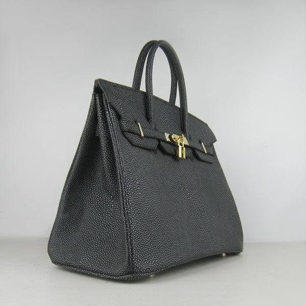 High Quality Fake Hermes Birkin 35CM Pearl Veins Leather Bag Black 6089